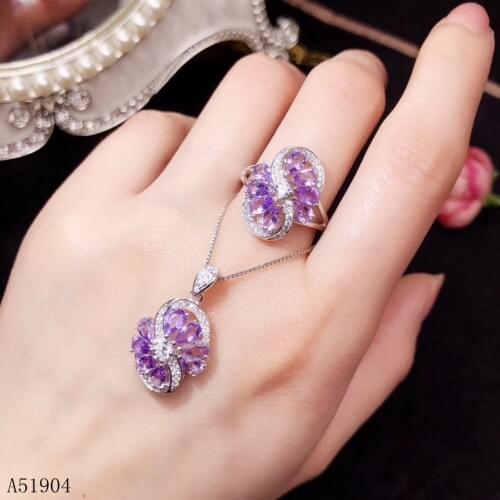 KJJEAXCMY boutique jewelry 925 sterling silver inlaid natural amethyst gemstone female ring + pendant set support test