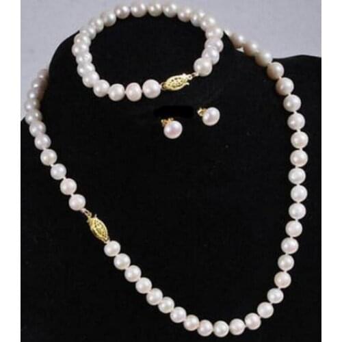 New hot Natural 7-8MM White Akoya Cultured Pearl Necklace Bracelet Earring Set