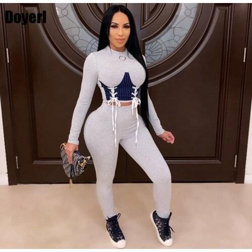 Sport Two Piece Outfits for Women Long Sleeve Lace Up Crop Tops and Leggings Pants Set 2 Pieces Tracksuit Women Sweat Suits Set
