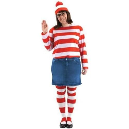 Wheres Waldo Now Red&&White Stripes Cosplay Costume Adult Women T Shirt Sweater+Hat+Glasses Men Male Christmas Party Fancy Wear