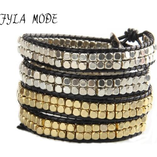 Fyla Mode Fashion Jewelry Handmade Leather Bracelet 4 Wrap Bracelet CCB Gold Silver Plated Square Beads Leather Wrap Bracelet