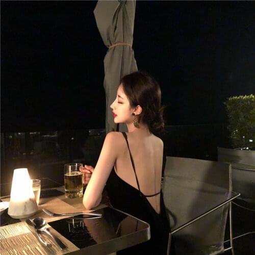 2021 Summer New Dress Niche Sexy Backless Slim Black V-neck Temperament Slim Waist Long Sling Pure Color Fashion Slim