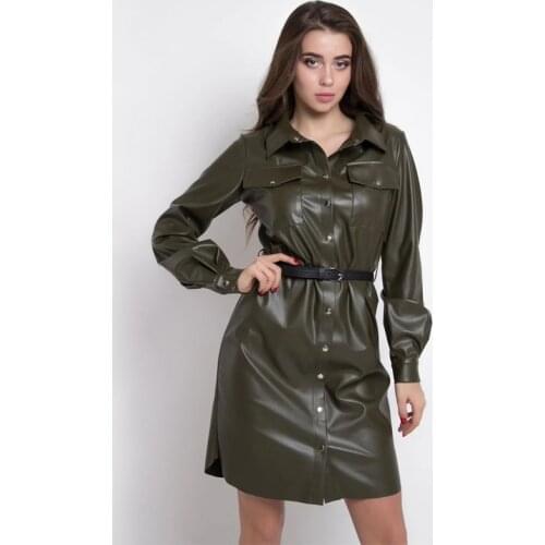 Sexy Pu Leather a Line Party Dress Belt Button Long Sleeve Turn Down Collar 2020 Autumn Winter Fashion Streetwear Mini Dress
