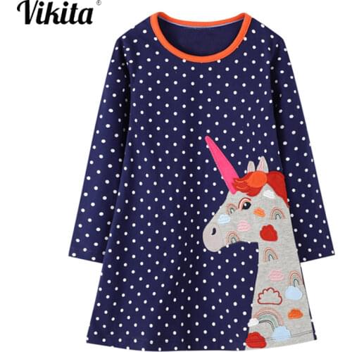 VIKITA Unicorn Appliques Dress Girls Clothes Long Sleeve Children Princess Dress Autumn Cotton Girl Casual Dresses Kids Clothing