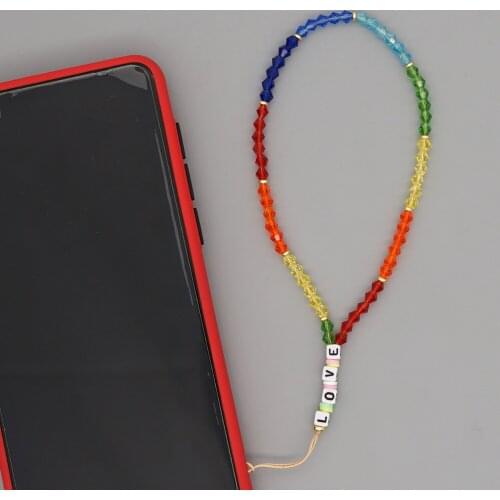 Mobile Phone Lanyard Chains Rainbow Crystal Beads Wrist Strap Beaded Chain For Phone 2021 Fashion LOVE Letter String