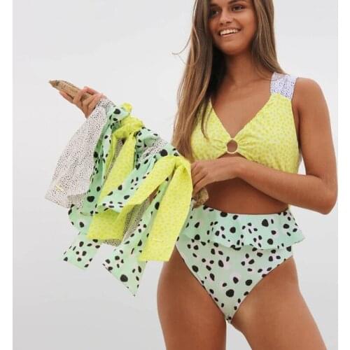 Sexy Colorful V Neck Ring Swimsuit One Piece High Waist Women Monokini Cut Out Backless Bandage Ruffle Swimwear Bathing Suit