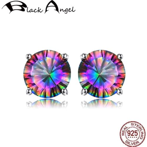 BLACK ANGEL Genuine Rainbow Mystic Topaz Stud Earrings 925 Sterling Silver Earrings for Women Gemstone Earrings Fashion Jewelry