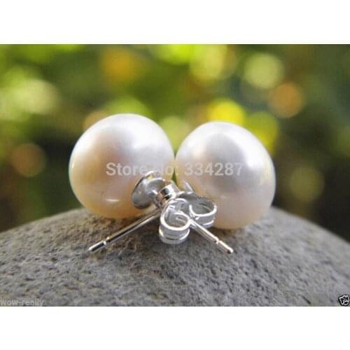 Natural Rare 11-12mm White Freshwater Pearl 925 Sterling Silver Stud Earrings