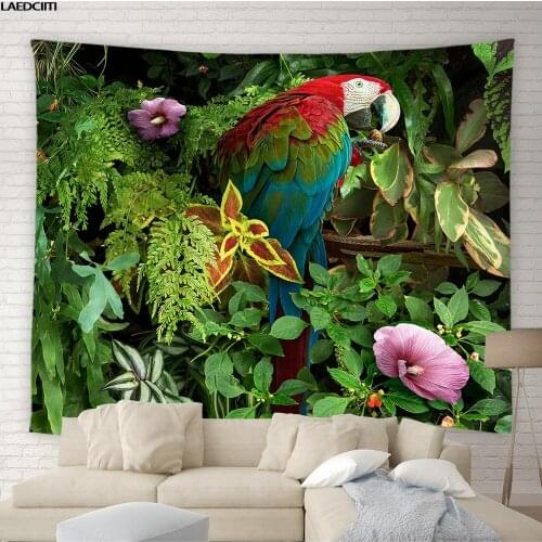 Tropical Jungle Parrot Tapestry Green Plants Flower Natural Scenery Background Wall Hanging Cloth Living Room Bedroom Home Decor