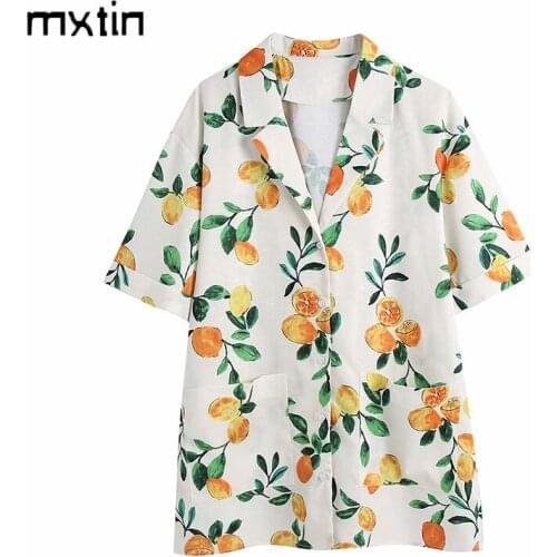 MXTIN 2021 Women Summer Fashion Floral Print Long Blouses Vintage Lapel Collar Short Sleeve Pockets Office Lady Female Chic Tops