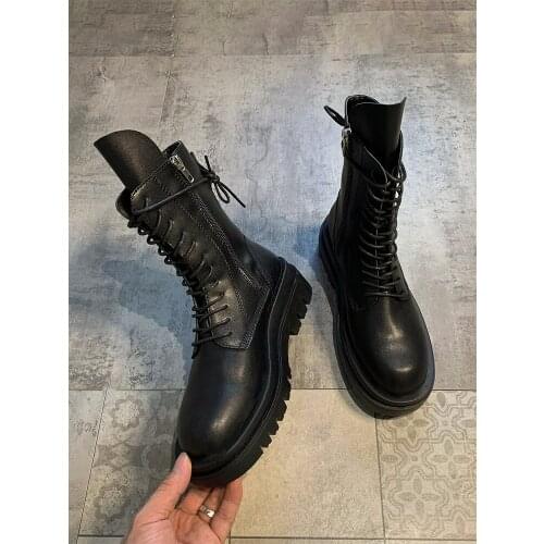 Woman’s boots autumn 2020 new round toe motorcycle lace up thick heel mid-tube boots