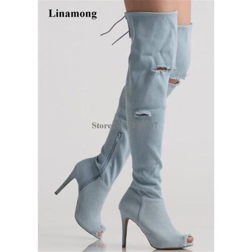 Linamong Brand Fashion Peep Toe Denim Over Knee Thin Heel Gladiator Boots Cut-out Back Elastic Band Long High Heel Boots