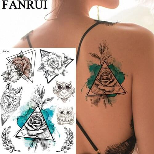 FANRUI Rose Flower Geometric Temporary Tattoos For Women Sticker Owl Leaves Fox Tatoos Body Art Waist Custom Tattoo Triangle