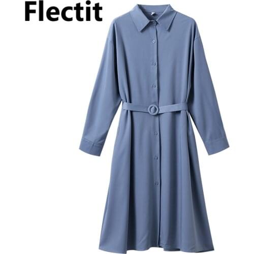Flectit Women Long Shirt Dress with Belt Button Up Shirt Collar Long Sleeve in Light Blue Spring Elegant Lady Outfit