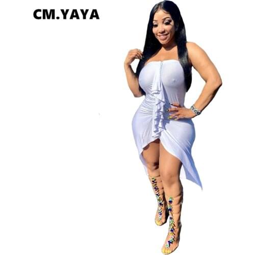 CM.YAYA Women Summer Solid Strapless Bodycon Mini Dress Classic Fashion Sheath Elastic Pencil Night Club Ruffles Dresses