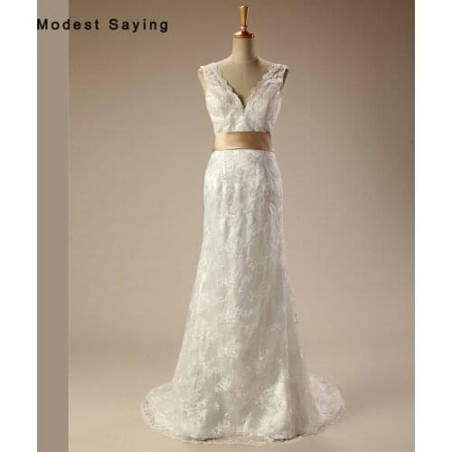 Gorgeous Ivory Mermaid Lace Wedding Dresses 2017 with Deep Open V Back adn Sash Women Bridal Gown vestido de noiva Custom Made