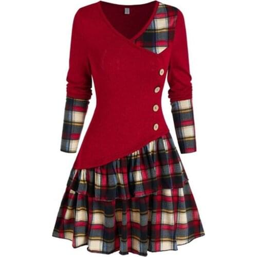 HOT SALES！！！Women Dress Long Sleeve Asymmetric Plaid Patchwork Ruffle Streetwear for Spring