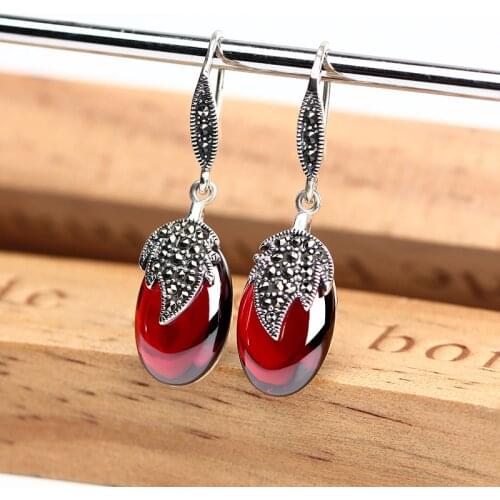 ZHJIASHUN Retro Silver Earrings Female Vintage Drop Earrings Leaf Shape Natural Gemstones Garnet Jewelry For Women