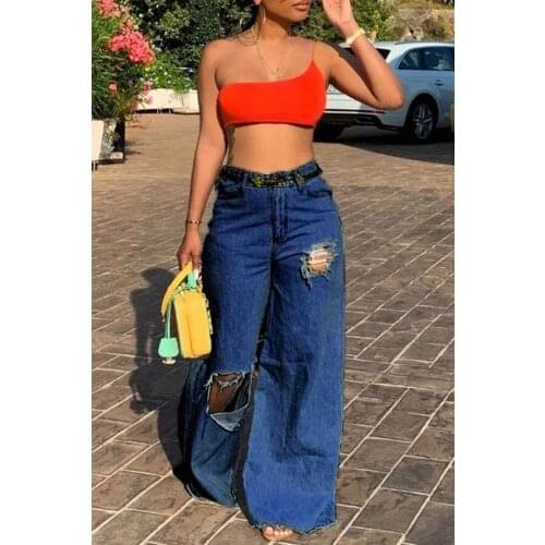 2021 High Quality Denim Women Ripped Hole Long Loose Casual Trousers Wide Leg Jean Bell Bottom Pants
