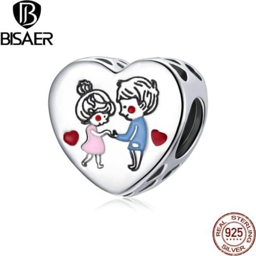 BISAER Tender love Heart Charms 925 Sterling Silver Boy & Girl Pendant Beads for Bracelet Necklaces DIY Fine Jewelry ECC1744