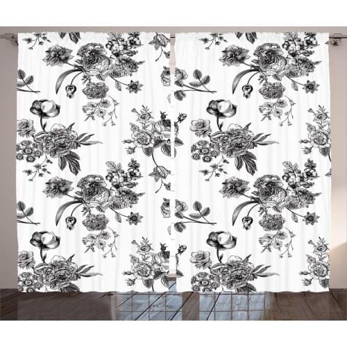 Black and White Flower Pattern Window Curtains Home Decor Kitchen Draperies Curtains for Bedroom Living Room Curtain