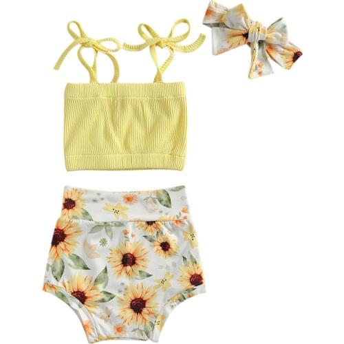 Newborn Baby Girls Three Piece Outfits Lace up Sleeveless Solid Crop Top Floral Print Shorts Headband Infant Summer Sets 0-18M