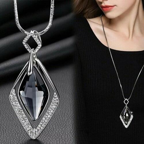 Long Crystal Necklaces & Pendants for Women Round Statement Necklace Maxi Colar Sweater Chain Fashion Jewelry for Femme Trendy