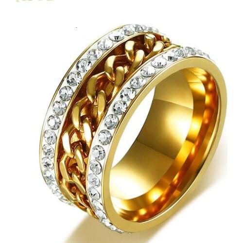 GNAYY 316L Stainless Steel AAA Crystals drill chain can rotate the ring for WOmen Mens Ladies 7-12# Gold