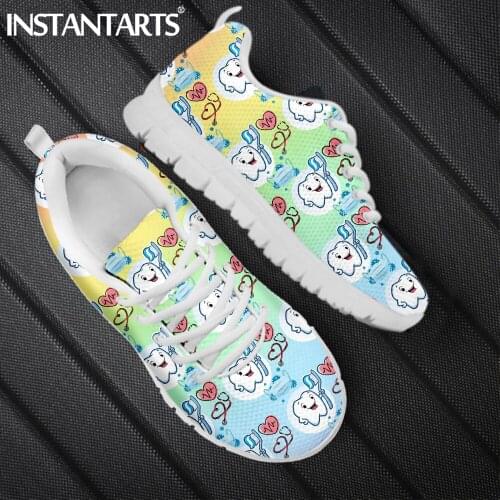 INSTANTARTS Gradient Color Tooth With Toothbrush Cartoon Pattern Girl Flat Shoes Spring Comfort Lace up Sneakers Casual Footwear
