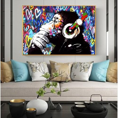 Large Size Print Canvas Painting Abstract Animal Monkey Listening To Music Art Poster Modern Wall Paintings On Living Room Decor