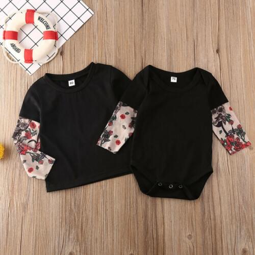 Toddler Newborn Baby Boys Kids Floral Long Sleeve T-shirt Tops Romper Outfits Clothes Cotton Black Top 0-7T