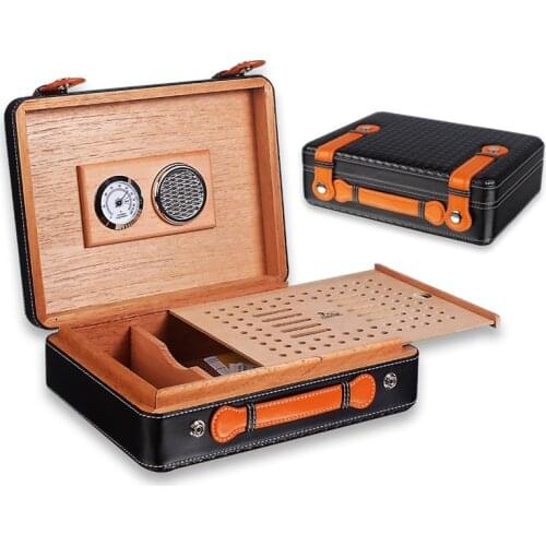 Leather Cedar Wood Travel Humidor Box Humidifier Hygrometer Sigaren Case Humidor For Cohiba Cigars