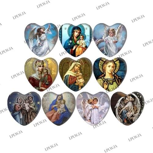 Zdying Handmade Photo Angel Wings Virgin Mary Jesus Pattern Heart Shape Glass Cabochons Cover Pendant Cameo Settings