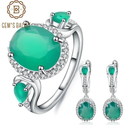 GEMS BALLET 925 Sterling Silver Vintage Earrings Ring Set Natural Oval Green Agate Jewelry Sets For Women Anniversary Jewelry