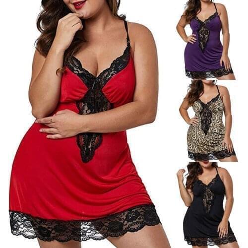 Plus Size Women Backless Underwear Sexy Leopard Lingerie Babydoll Lace V-neck Sleeveless Nightdress + Thong 2Pcs Sleepwear #W