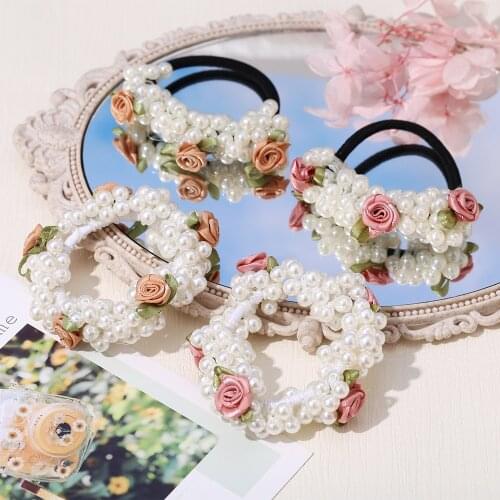 New Korea Style New Simple Girl Solid Color Rose Flower Imitation Pearl Hair Rope for Women Fashion Hair Accessories Gifts