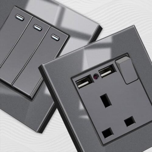 UK Hongkong Malaysia Singapore Grey Glass Wall Switch Socket 1Gang 2Gang 3Gang 4Gang 1Way 2Way TV Computer Doorbell Sockets