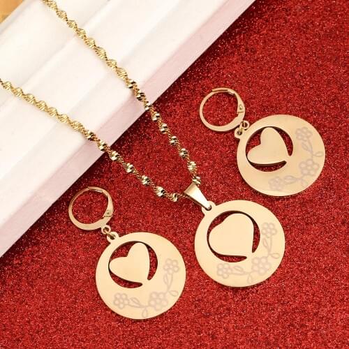 Stainless Steel Round Jewelry Set for Women Girls Trendy Flower Pendant Necklace Earrings