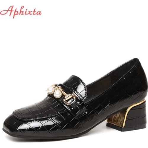 Aphixta 5cm Square Heels Pumps Patent Leather Pearl Buckle Shoes Girls Classics Toe Mary Janes Official Pumps Party Big Size 42