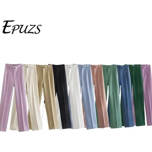 Za 2021 Green High Waist Women Pants Fashion Width Leg Up Trousers Straight Pants Button Fly Office Elegant Female Pants