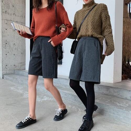 Knee Length XXL Fashion Autumn Winter Wool Women Straight Warm Thick Striped Casual High Waist Loose Shorts England Styles
