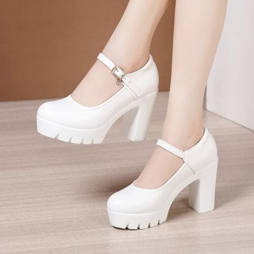 Plus Size 32-43 Ankle Buckle Wedding Shoes Silver White 2021 Spring Block High Heels Pumps Platform Women for Office Model