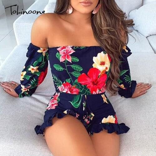 Tobinoone 2020 Print Summer Sexy romper women Jumpsuit Off Shoulder Long Sleeves Ruffle Playsuits Romper Floral Print Jumpsuits