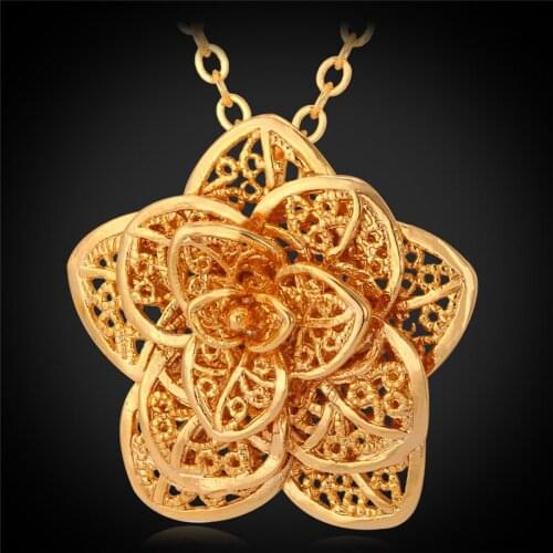 Vintage Jewelry Rose Flower Necklace & Pendant For Love Women Yellow Gold Color Fashion Ethnic Maxi Necklace P483