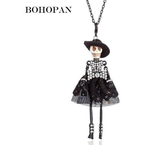 Terror Skull Figure Necklace Women Girl Crystal Bow Yarn Colour Dress Wear Hat Doll Pendant Necklace Halloween Gifts Jewelry