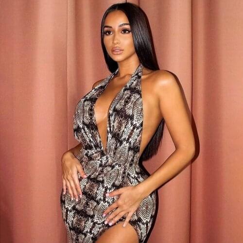 Ladies Summer Temperament Backless Dress Creative Snakeskin Printing V-neck Off Shoulder High Split Sleeveless Long Skirt