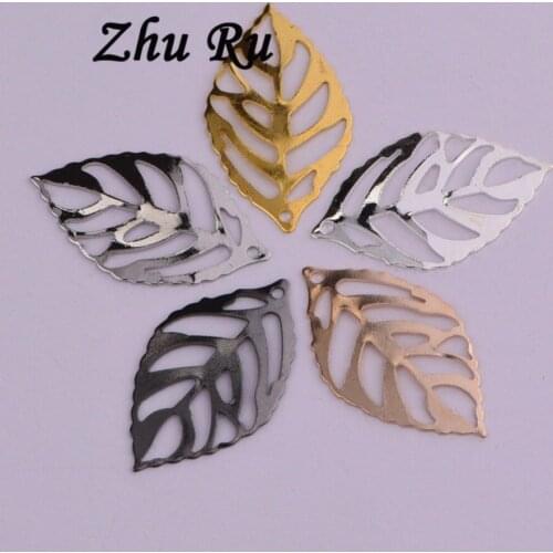 20pcs ZHU RU 24*14mm I Love plant leaf Stems and leaves Filigree shape Charms fit Charm Jewelry Family Gift ornamentation