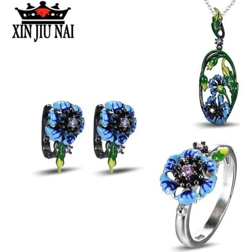 2020 Hot New Arrival Personality Luxury Retro Exquisite Blue Enamel Color Flower Womens Banquet Prom Jewelry Set
