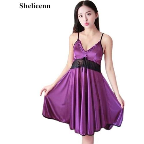 2021 Sexy Lace Night Dress For Women V-Neck Sleepwear Satin Nightgown Sleeveless Nightdress Ladies Nightwear Summer Homewear
