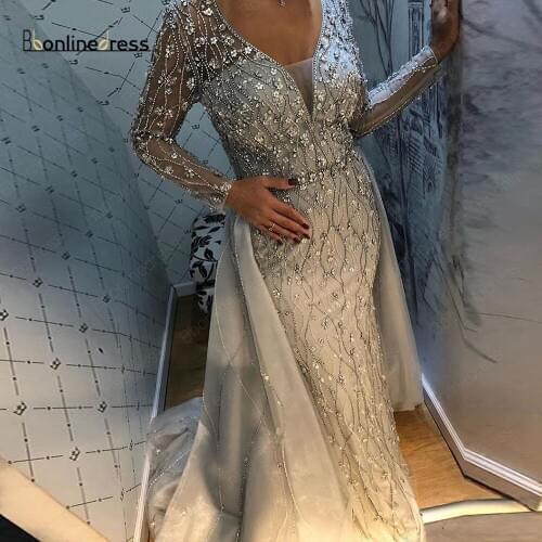Bbonlinedress Crystal Evening Dress 2020 Sleeves V Neck Elegant Dubai Muslim Evening Dresses Formal Party Gown vestido de festa